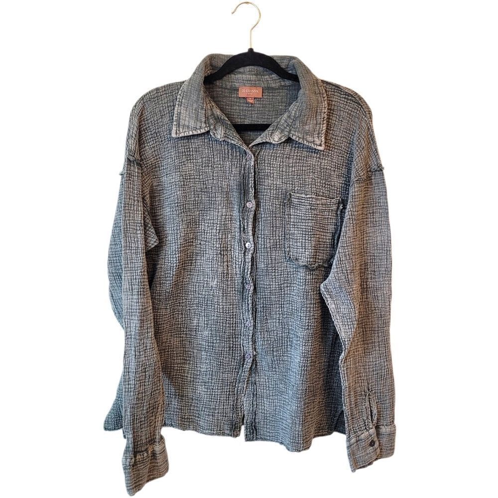 33 Coastal Charcoal Grey Slubbed Cotton Oversized Button Down Shirt Size L